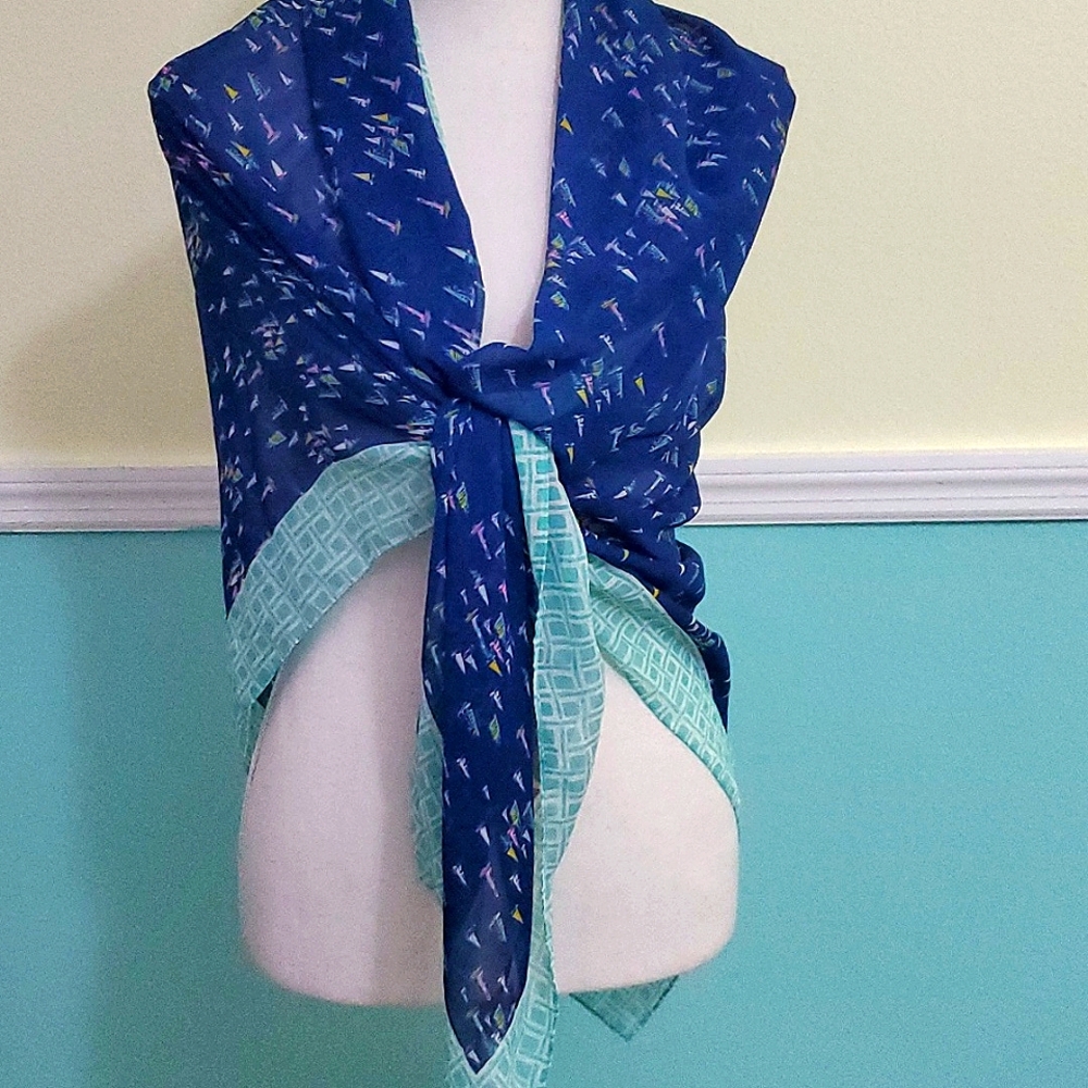 Liz Claiborne Blue & Teal Sailboats Print Square Scarf - Picture 4 of 6